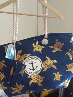 Navy Tote Bag with Gold Turtle Print